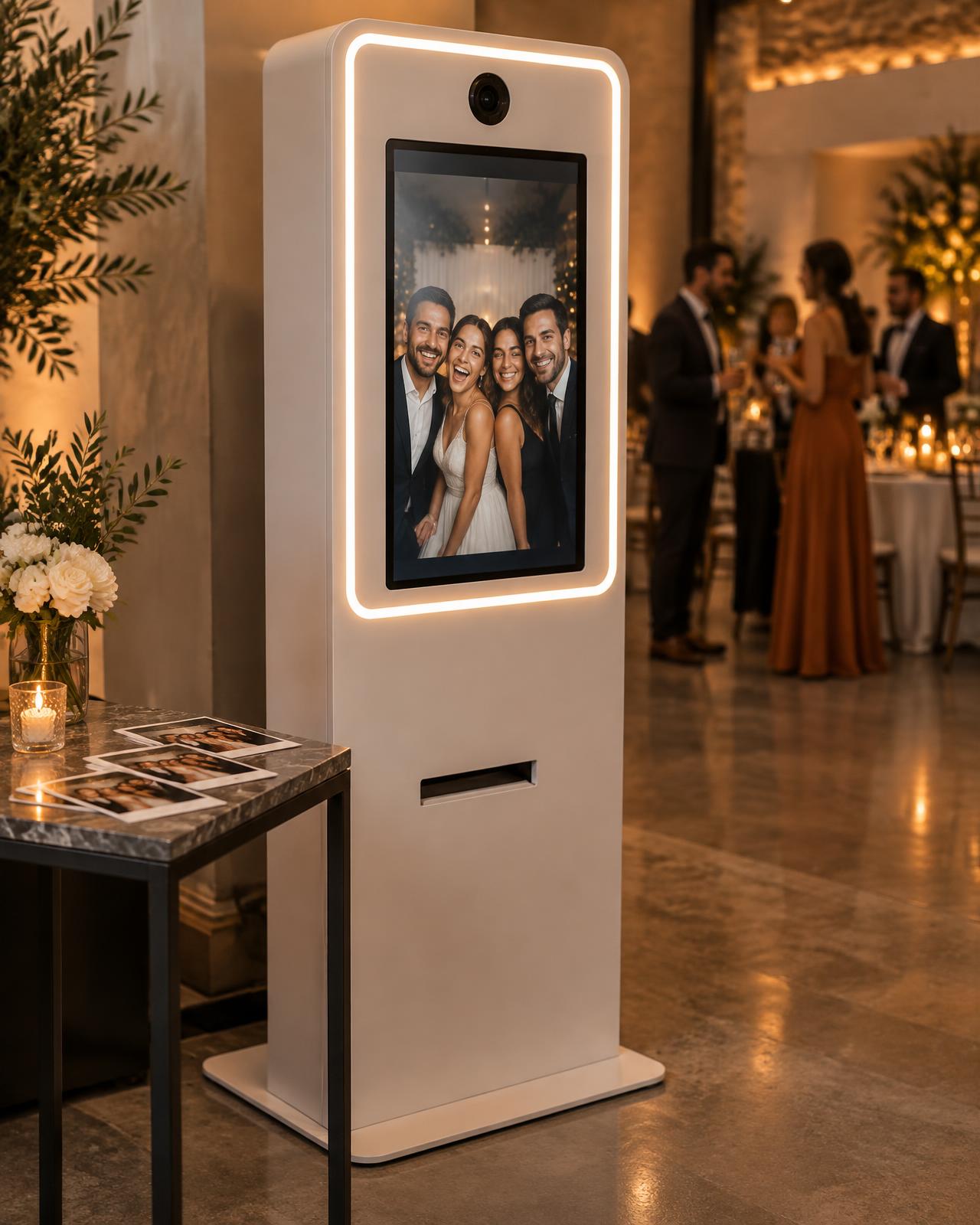 Borne photo verticale à écran tactile installée dans une salle de réception, avec tirages posés sur une table